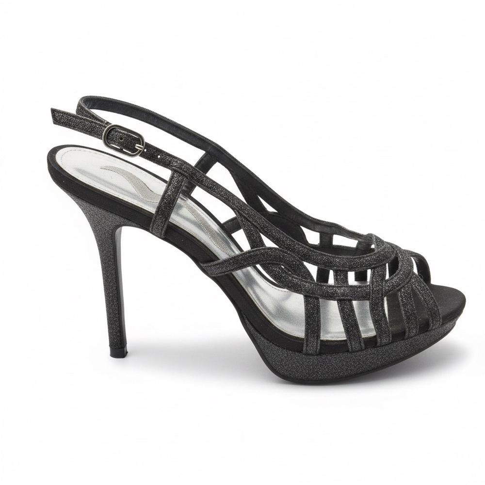 Nina Black Glitter Strappy slingback heels -shimmering charcoal glitter size 6